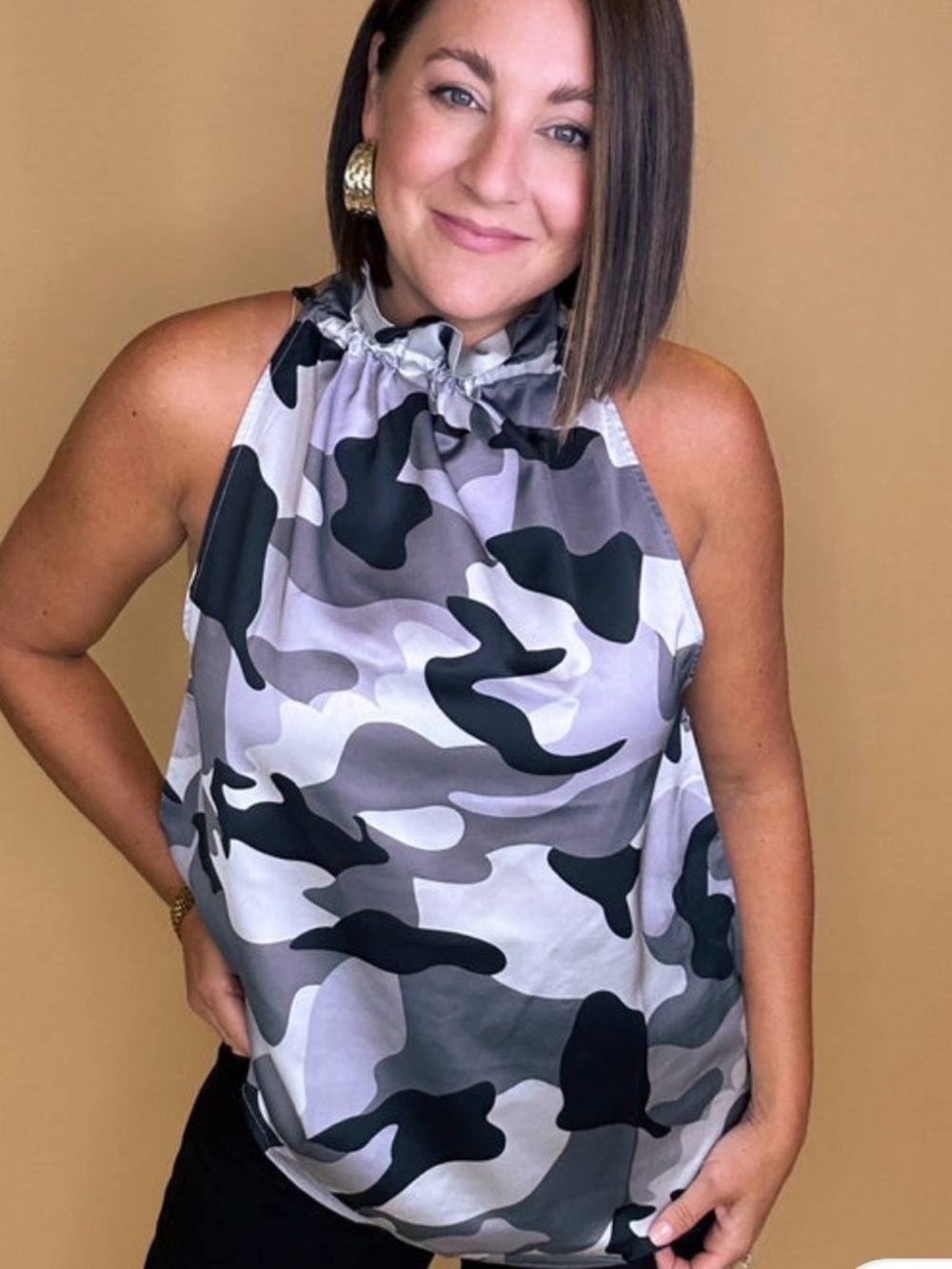 Mazik Women’s Black & White Camo Sleeveless Top with high neck.